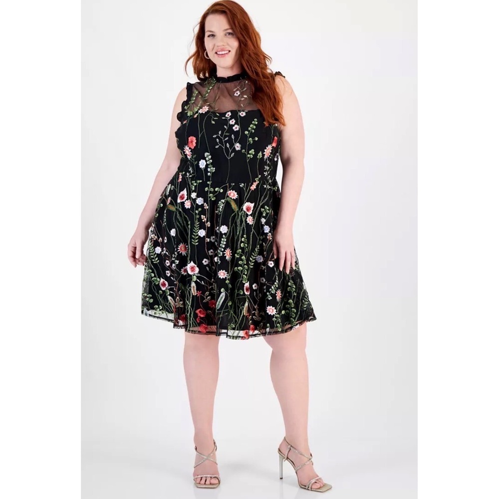 NWT City Studios Trendy Plus Size‎ Mock-Neck Floral-Embroidered Mesh Dress fairy